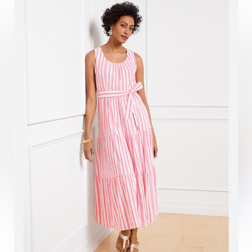 Talbots Pink and White Striped Tie-Waist Maxi Dress